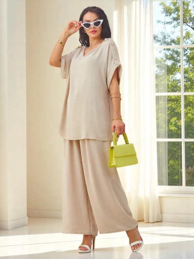 Royalfashion дамски памучен комплект с къси ръкави и разкроени панталони