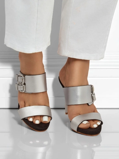 Сандали Aletheia сребърни на ток 12см екологична кожа с каишки