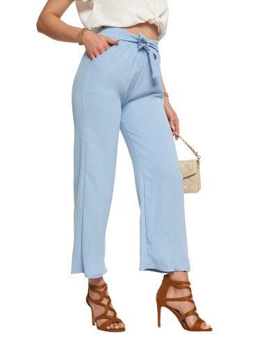 Сини дамски широки панталони от плат - Облекло