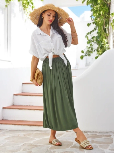 Royalfashion Дамска миди пола от вискоза, лятна и ефирна с два джоба