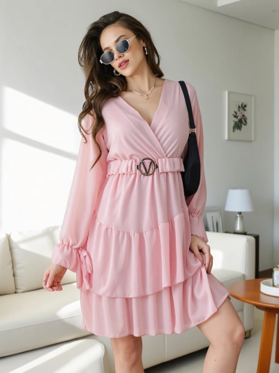 Royalfashion Дамска мини рокля с ръбове и завиваща яка