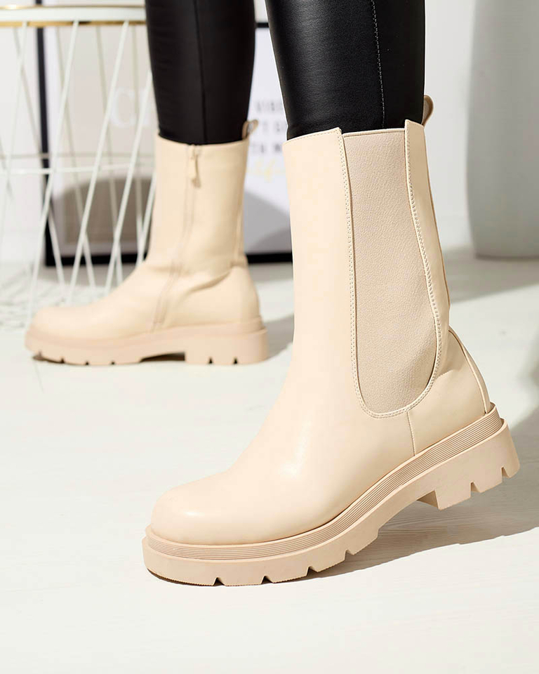 Бежови дамски високи ботуши с плосък ток Vedesa - Облекло