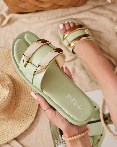 Zielone damskie klapki z dużą złotą ozdobą Kedino - Obuwie