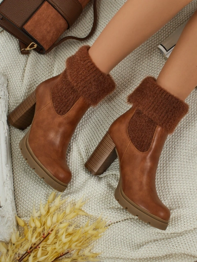 Дамски боти до глезена от еко кожа на ток с плетиво Tirave