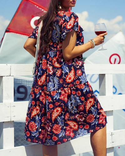 Royalfashion Дамска рокля в морско синьо с цветен десен