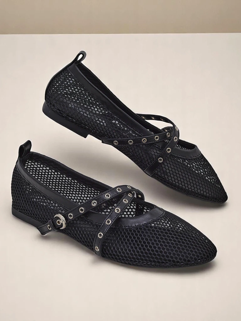 Балеринки Royalfashion Arethusa Nero от мрежа на плосък ток