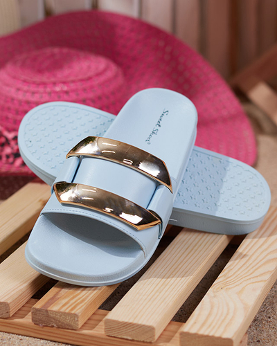 Niebieskie damskie klapki ze złotą ozdobą Serina - Obuwie