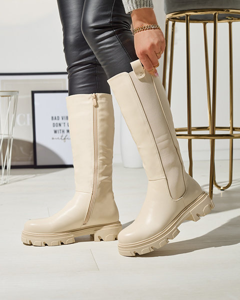 Кремави дамски ботуши до средата на прасеца Vebissa- Обувки