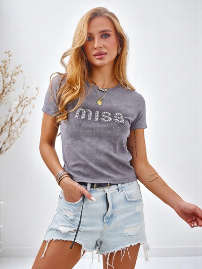 Royalfashion Дамска памучна тениска с камъни MISS