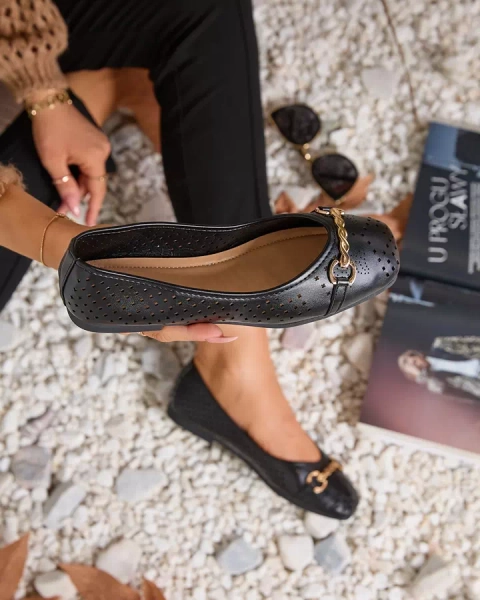 Черни дамски ажурни балерини със златен орнамент Serilla- Footwear