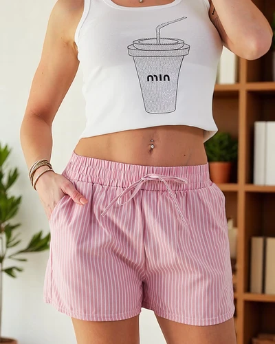 Royalfashion Дамски шорти с еластичен колан и връзки в райе