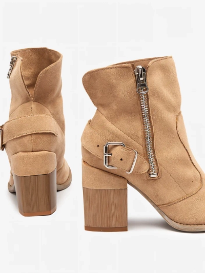 Светло кафяви еко велурени дамски боти на кол Emrica - Обувки