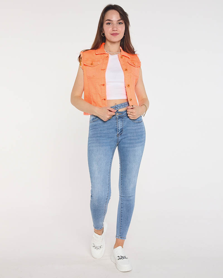 Pomarańczowa jeansowa kamizelka damska - Odzież