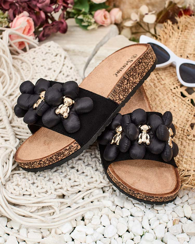 Royalfashion Дамски джапанки със златни мечета и цветя Isaralle