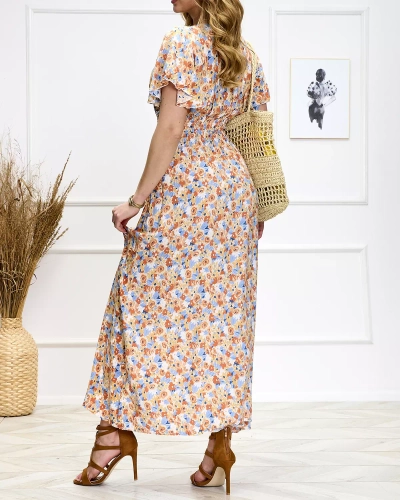 Оранжево-синя дамска флорална миди рокля - Обувки