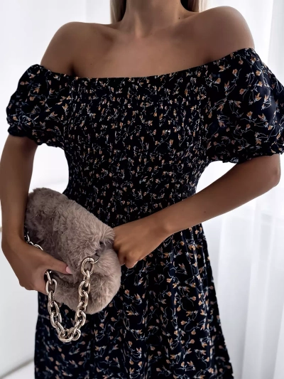 Флорална черна дамска миди рокля - Облекло