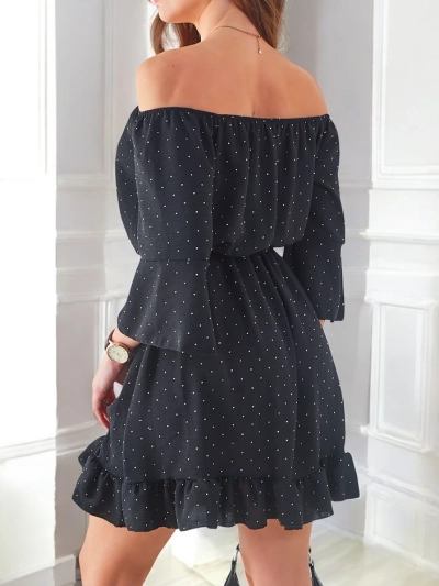 Royalfashion Женска мини рокля без рамене с дълги ръкави и камъни