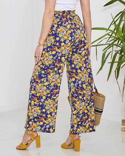 Дамски сини панталони палацо с тъмносини цветя - Облекло
