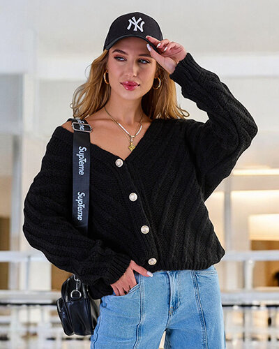 Royalfashion Дамски плетен пуловер с копчета