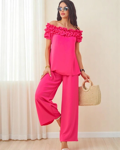 Royalfashion Женски комплект с блуза с открито рамо и къси ръкави и декоративно деколте и фльерд панталони