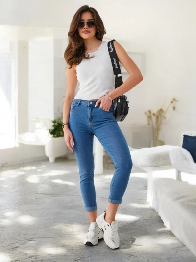 Royalfashion Дамски памучни дънки с тесен крачол