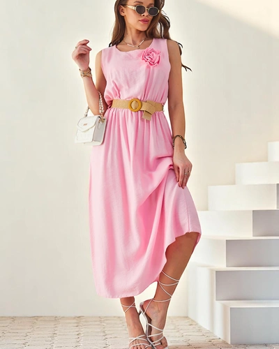 Кралска мода Женска миди рокля с презрамки, с кръгло деколте и декоративно цвете