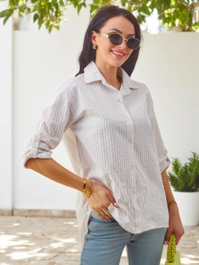 Рокля на Royalfashion Жена памучна риза с райе и връзка в долната част