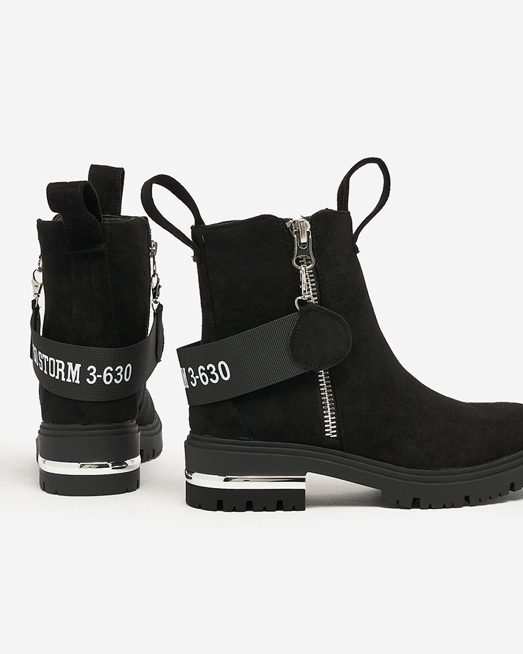 Royalfashion Черни ботуши от еко велур с каишка и ципове Redmisala