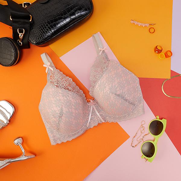 Biustonosz damski różowy z szarą koronką - Bielizna