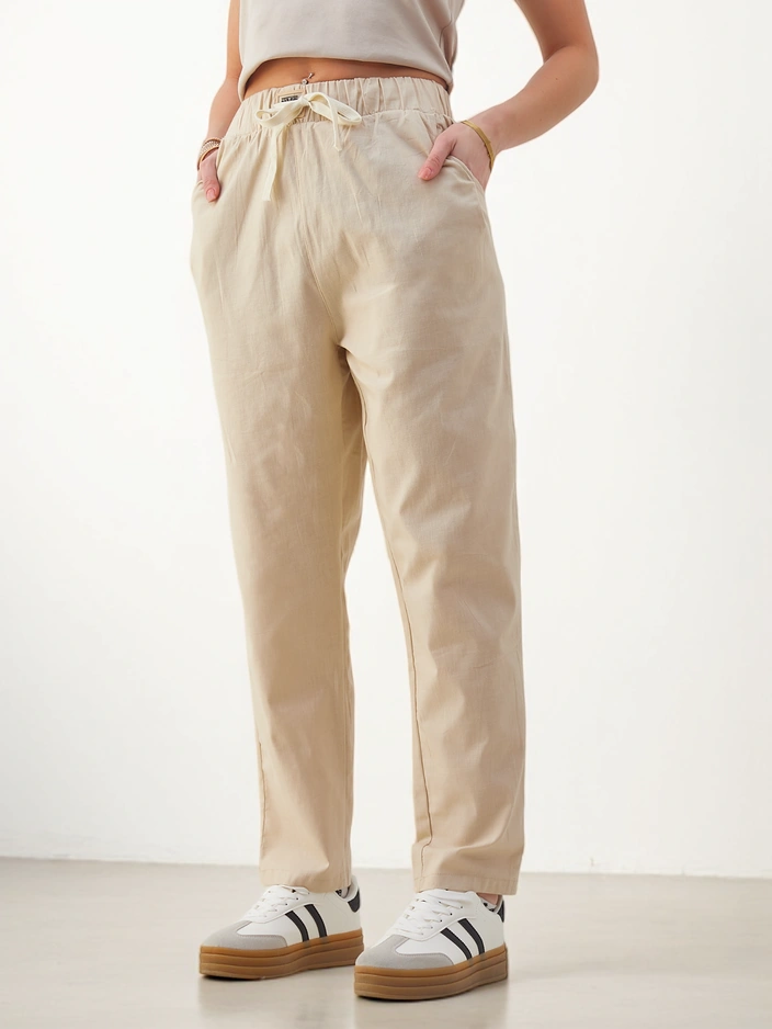 Роялфешън Памучни прави дамски панталони с връзка на талията