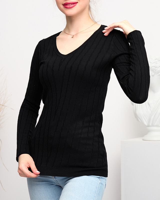 Дамски черен пуловер с V-образно деколте - Clothing