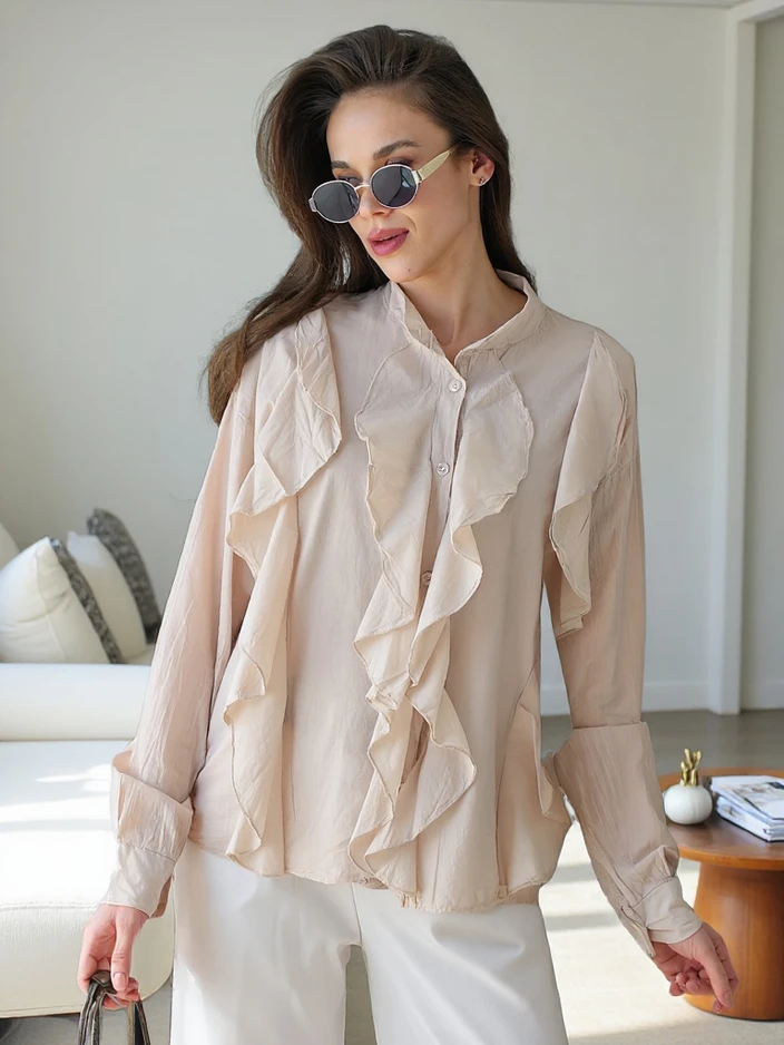 Рокля Royalfashion от памук, декорирана с волани и копчета