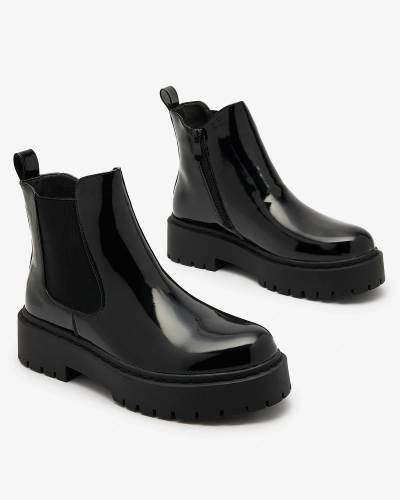 Royalfashion Черни лакирани дамски ботуши без ток Гланциран шик