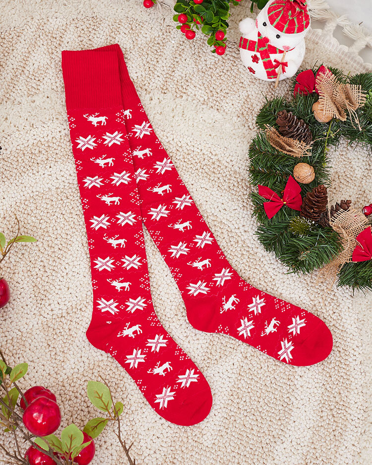Royalfashion Дамски коледни чорапи над коляното в червено