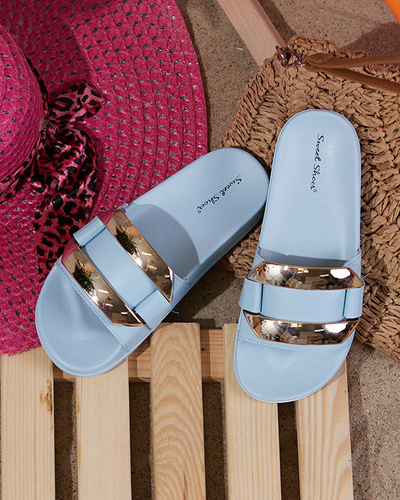 OUTLET Niebieskie damskie klapki ze złotą ozdobą Serina - Obuwie