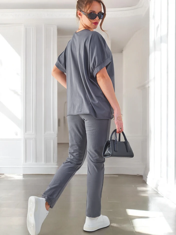 Royalfashion дамски комплект от памук с къси ръкави и прави панталони