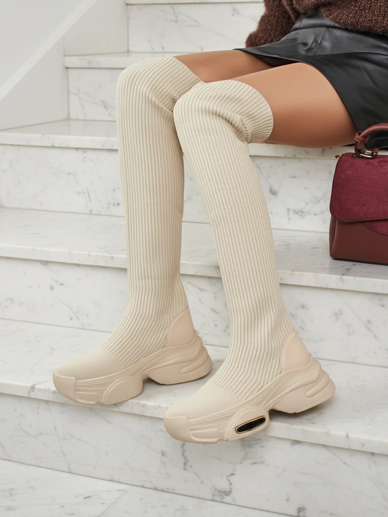 Дълги дамски ботуши с дебела подметка Ravmora