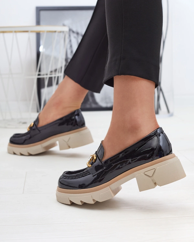 Лакирани черни дамски мокасини с кристали Inriw - Обувки