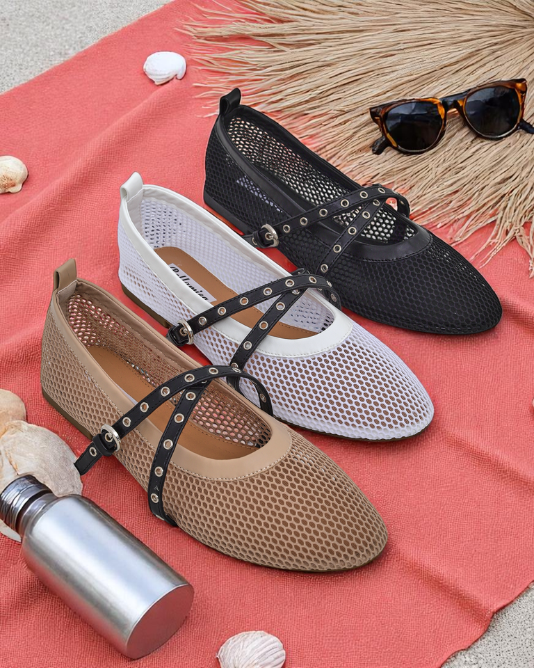 Балеринки Royalfashion Arethusa Nero от мрежа на плосък ток