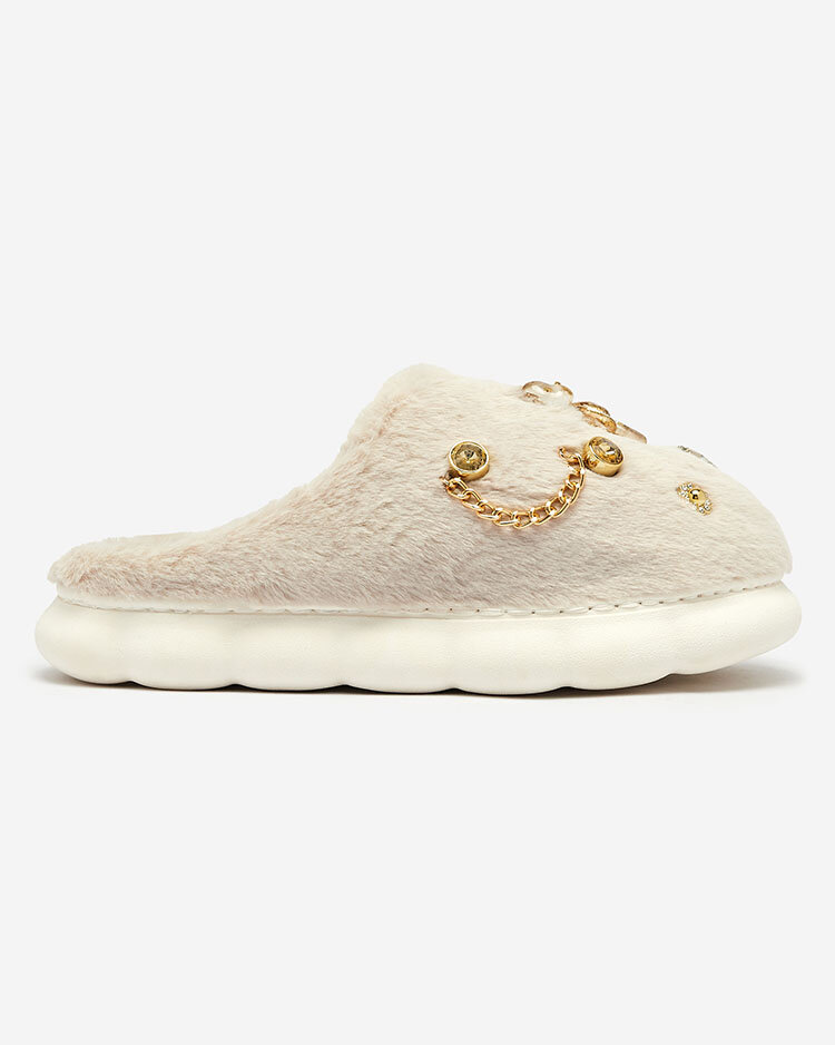 Royalfashion Бежови дамски чехли от естествена кожа с орнаменти Erserra