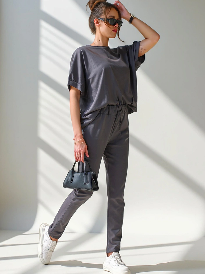 Royalfashion дамски комплект от памук с къси ръкави и прави панталони