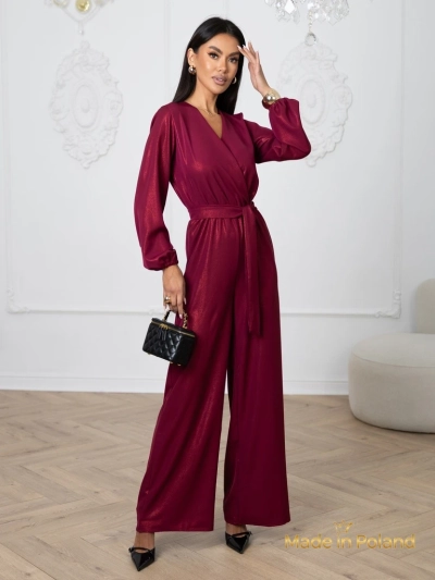 Дамски комбинезон 'Valentina' бордо с дълъг ръкав и широки крачоли