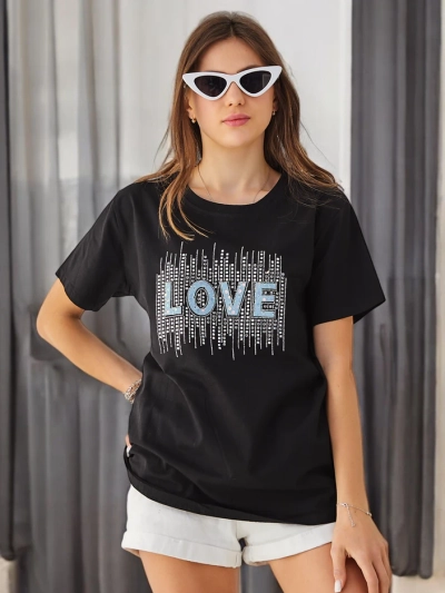 Royalfashion Дамска памучна тениска LOVE с камъни