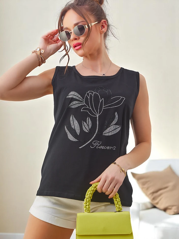 Royalfashion Памучен дамски потник с камъчета ЦВЕТЯ