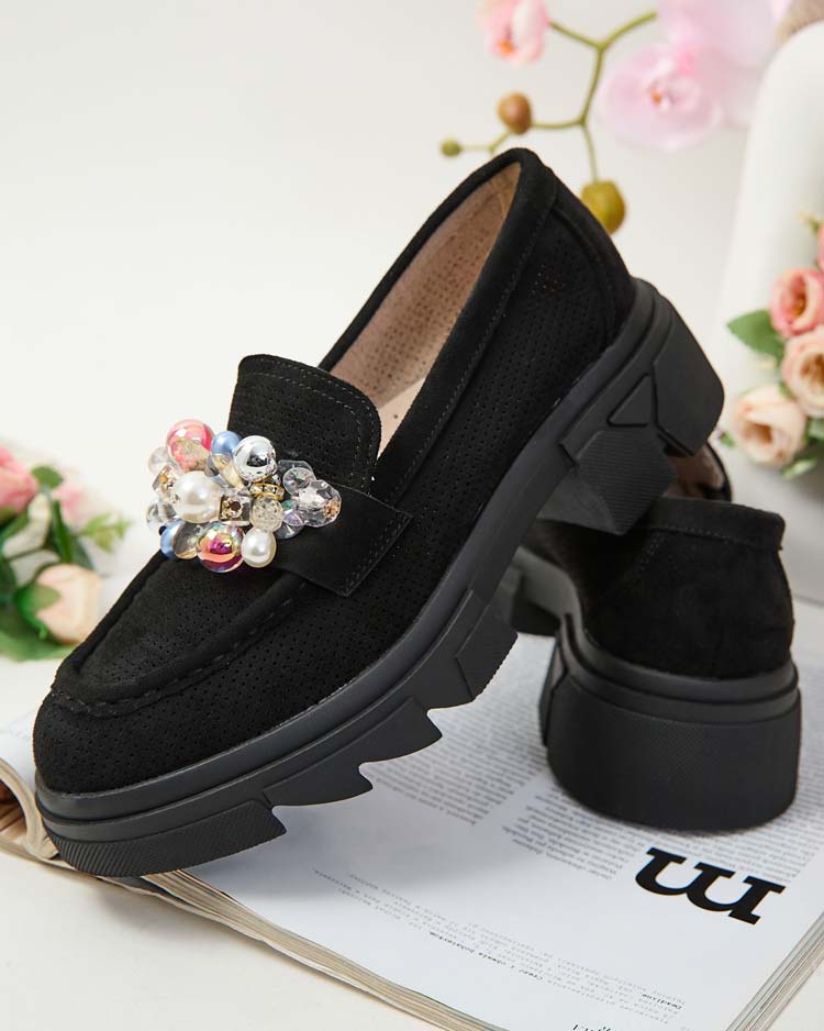 Royalfashion Черни дамски мокасини с цветни кристали Glam