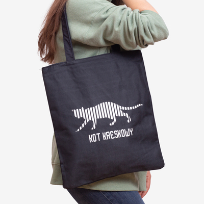 Czarna materiałowa torba z napisem i nadrukiem kota - Akcesoria