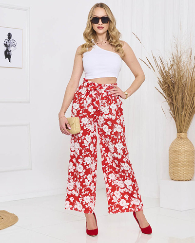 Червени панталони палацо с цветя - Облекло