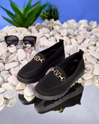 Royalfashion Черни дамски мокасини от плат със златна украса Ertica