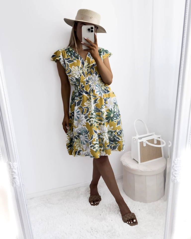 Горчица Дамска мини рокля с флорален принт - Облекло