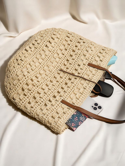 Royalfashion Голяма дамска чанта от слама - Натурален класически стил